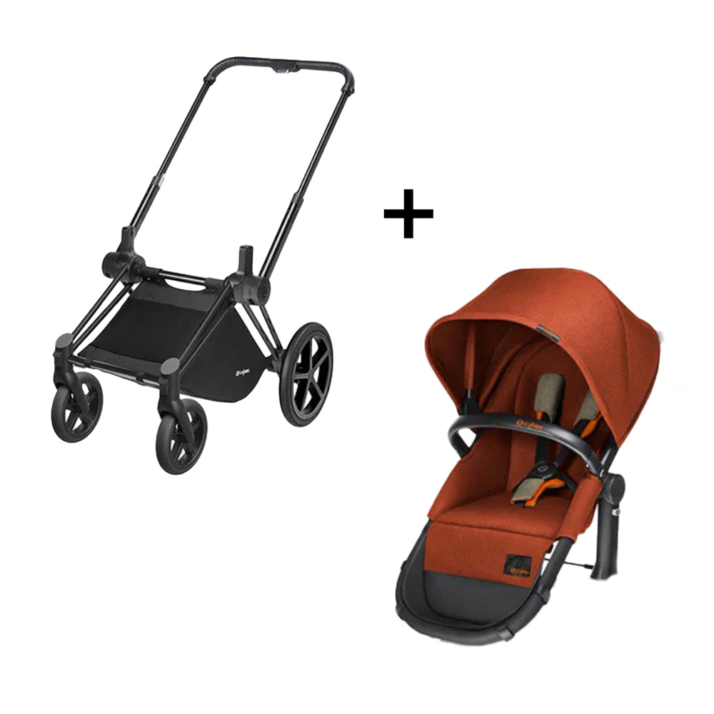 طقم مقعد Cybex Priam 2 في 1 خفيف الوزن ذهبي محروق + مقعد Cybex Priam Frame Lux