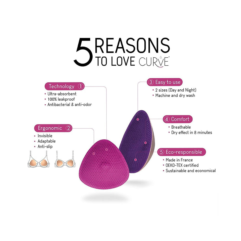 Curve Essential Plus 4 Washable Nusring Pads Night Pur/كيرف إسنشيال بلس 4 وسادات رضاعة قابلة للغسل باللون الأرجواني الليليpple